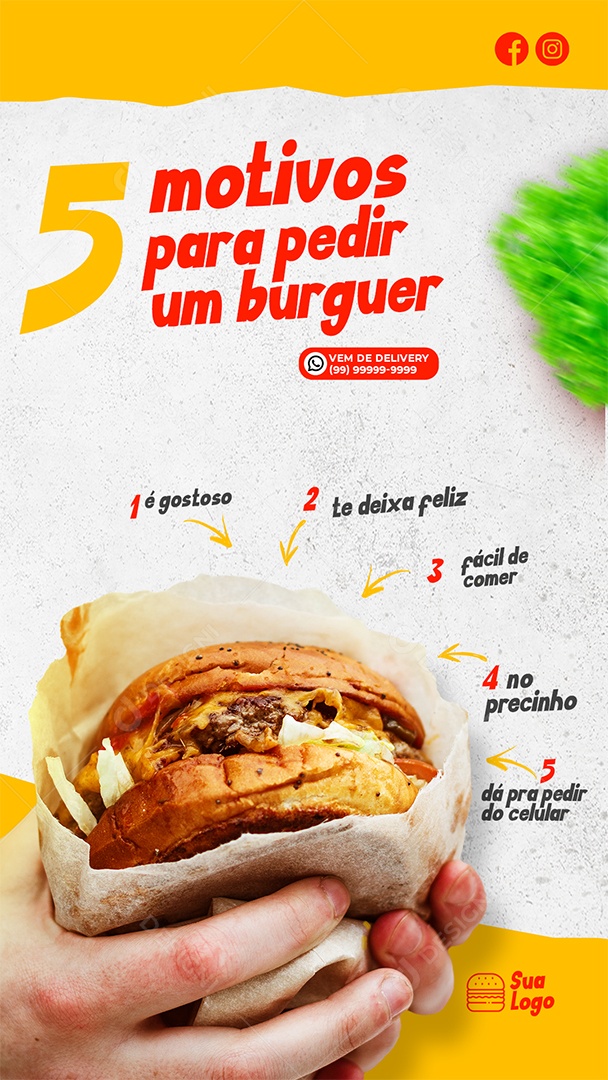 Story Hamburgueria 5 Motivos Para Pedir um Burguer Social Media PSD Editável