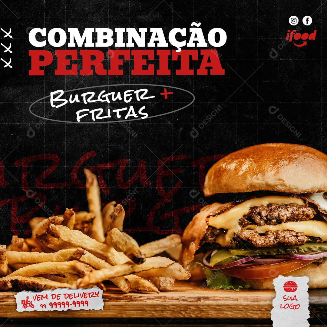 Hamburgueria Combinação Perfeita Burguer + Fritas Social Media PSD Editável