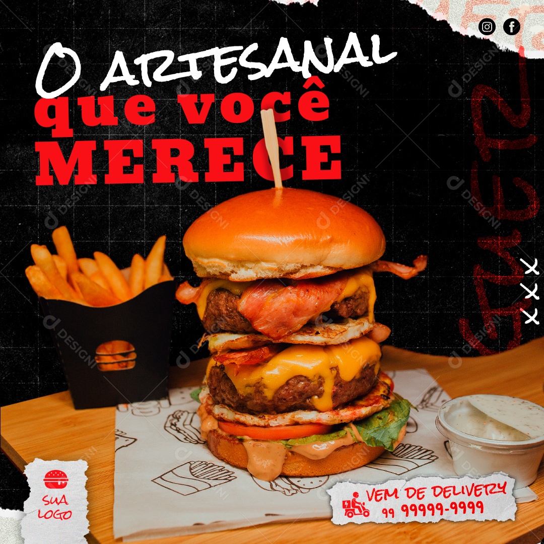 O Artesanal que Você Merece Hamburgueria Social Media PSD Editável