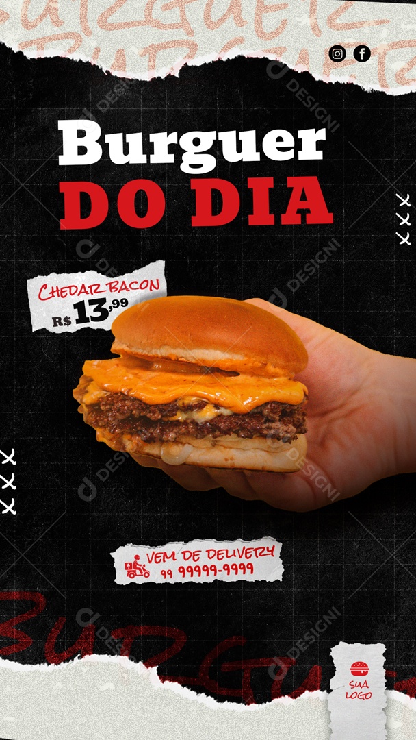 Story Burguer do Dia Cheddar Bacon Hamburgueria Social Media PSD Editável