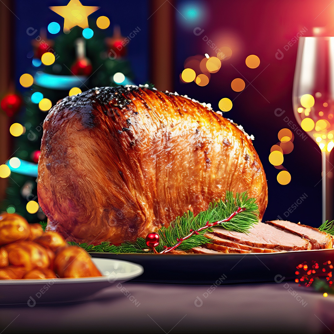 Presunto de porco assado defumado tradicional de Natal fatiado na tábua de madeira com decoração de Natal.