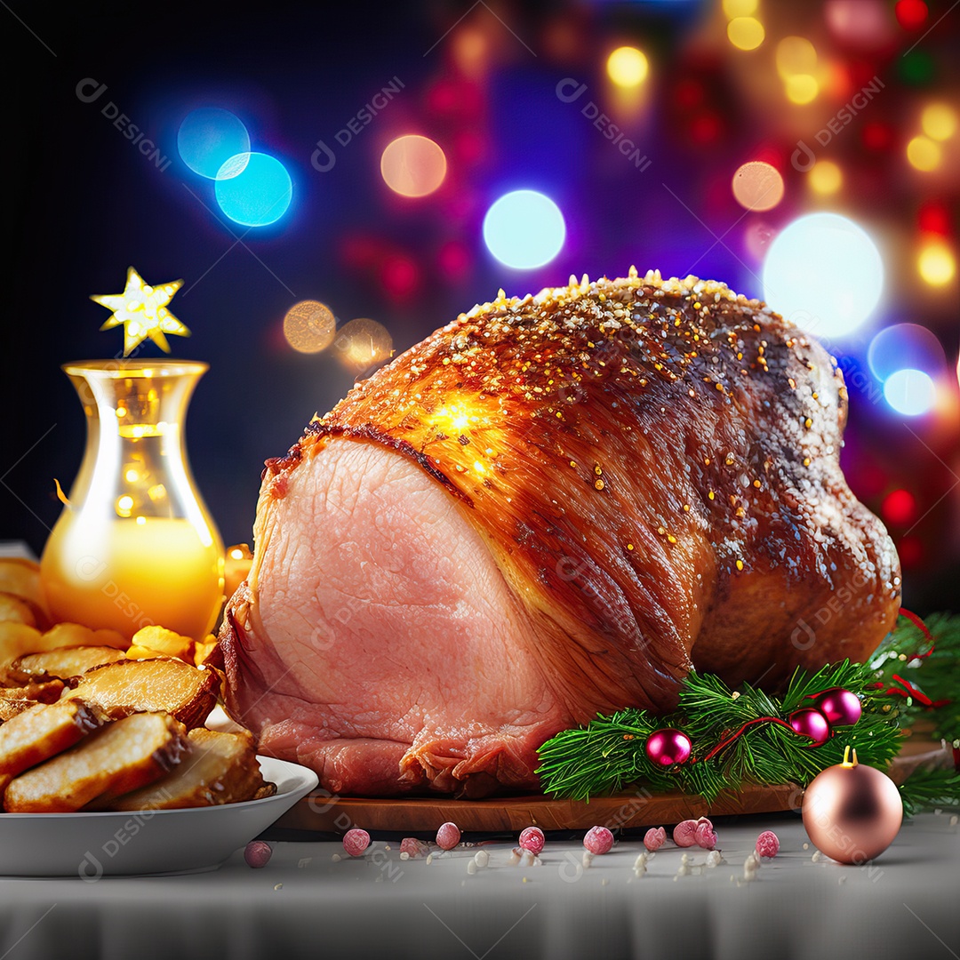 Presunto de porco assado defumado tradicional de Natal fatiado na tábua de madeira com decoração de Natal.