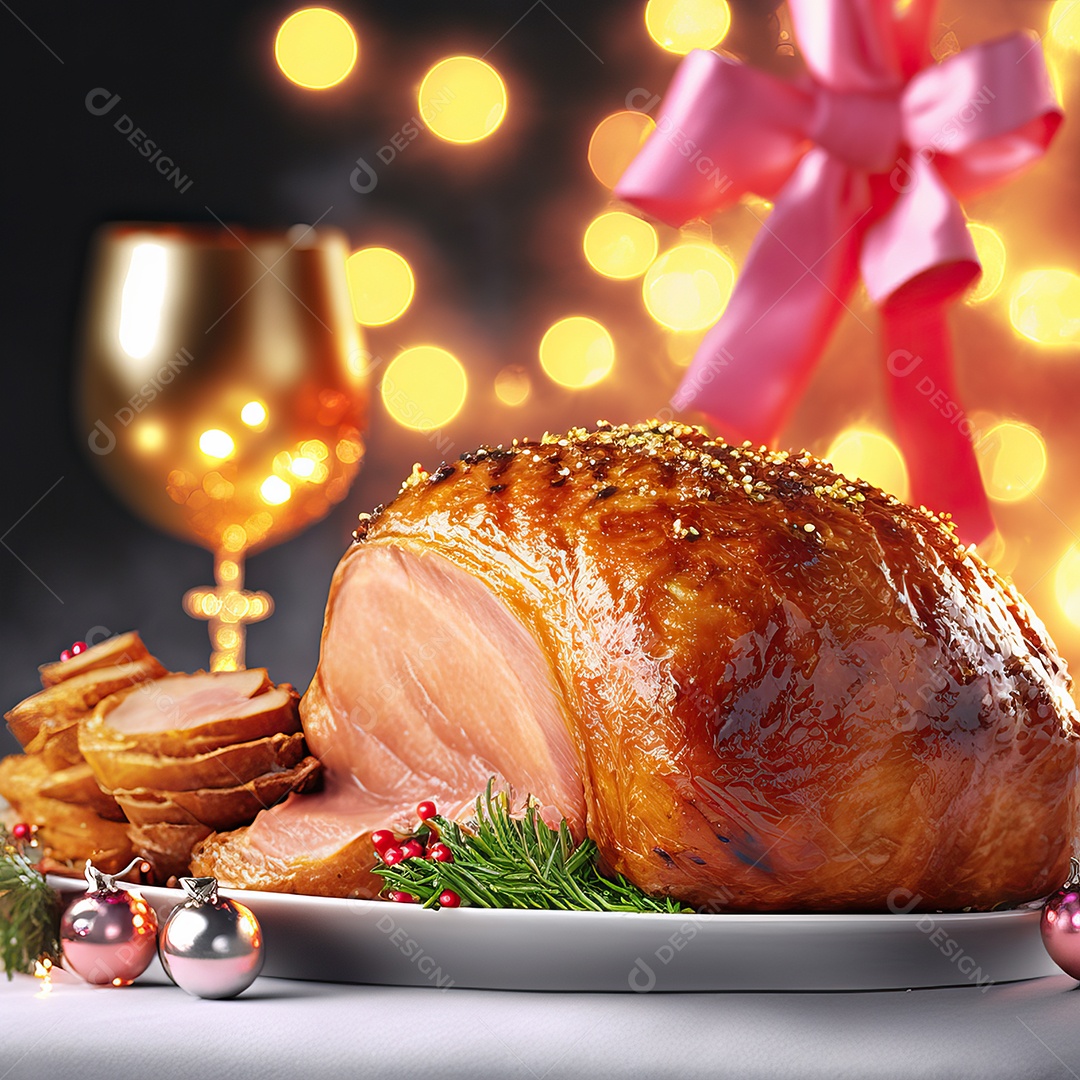 Presunto de porco assado defumado tradicional de Natal fatiado na tábua de madeira com decoração de Natal.