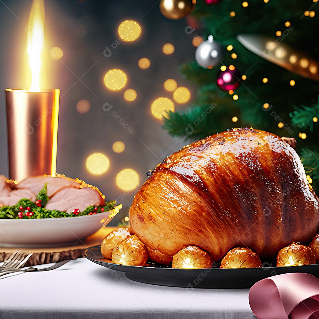 Presunto de porco assado defumado tradicional de Natal fatiado na tábua de madeira com decoração de Natal.