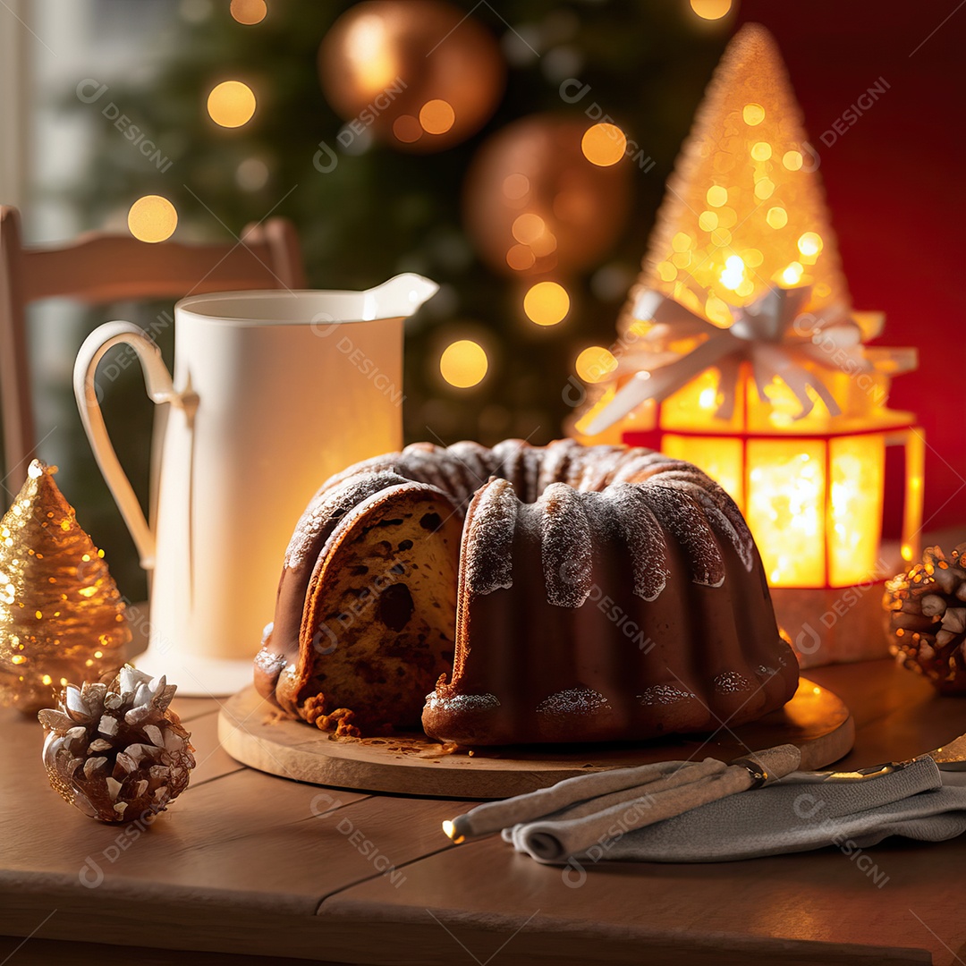 Delicioso chocolate chip chocottone, típico doce italiano Pandoro e luzes de Natal turvas ao fundo