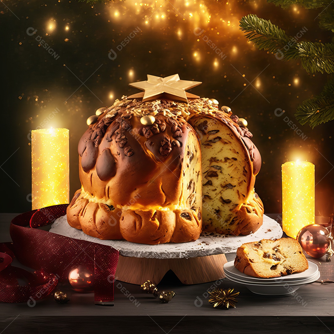 Delicioso chocolate chip chocottone, típico doce italiano Pandoro e luzes de Natal turvas ao fundo
