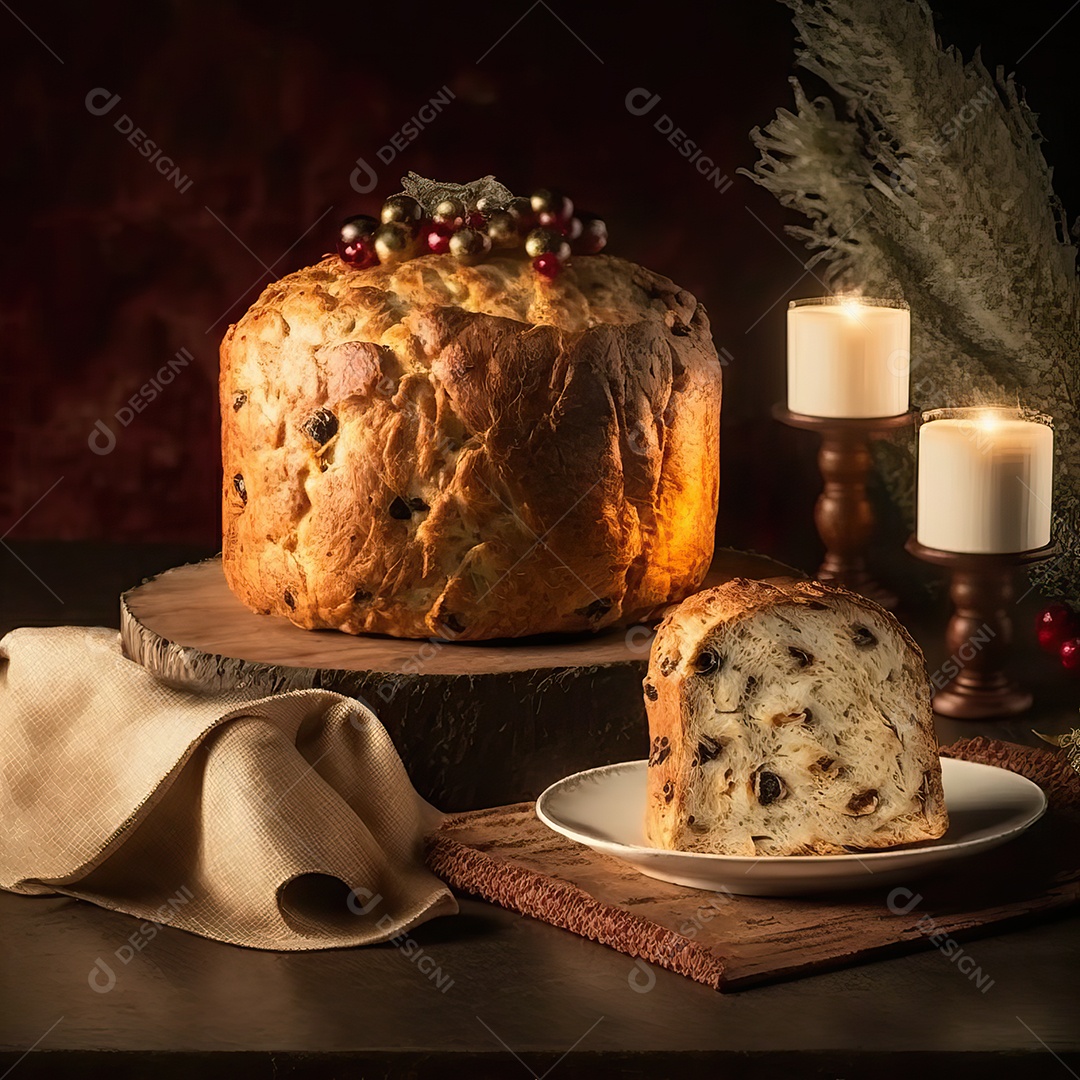 Delicioso chocolate chip chocottone, típico doce italiano Pandoro e luzes de Natal turvas ao fundo