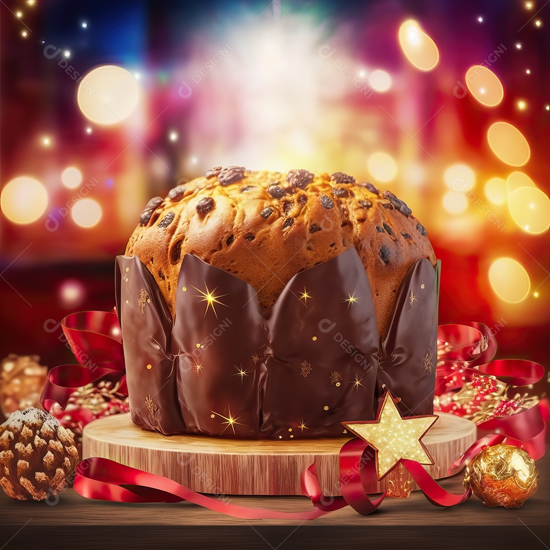 Delicioso chocolate chip chocottone, típico doce italiano Pandoro e luzes de Natal turvas ao fundo