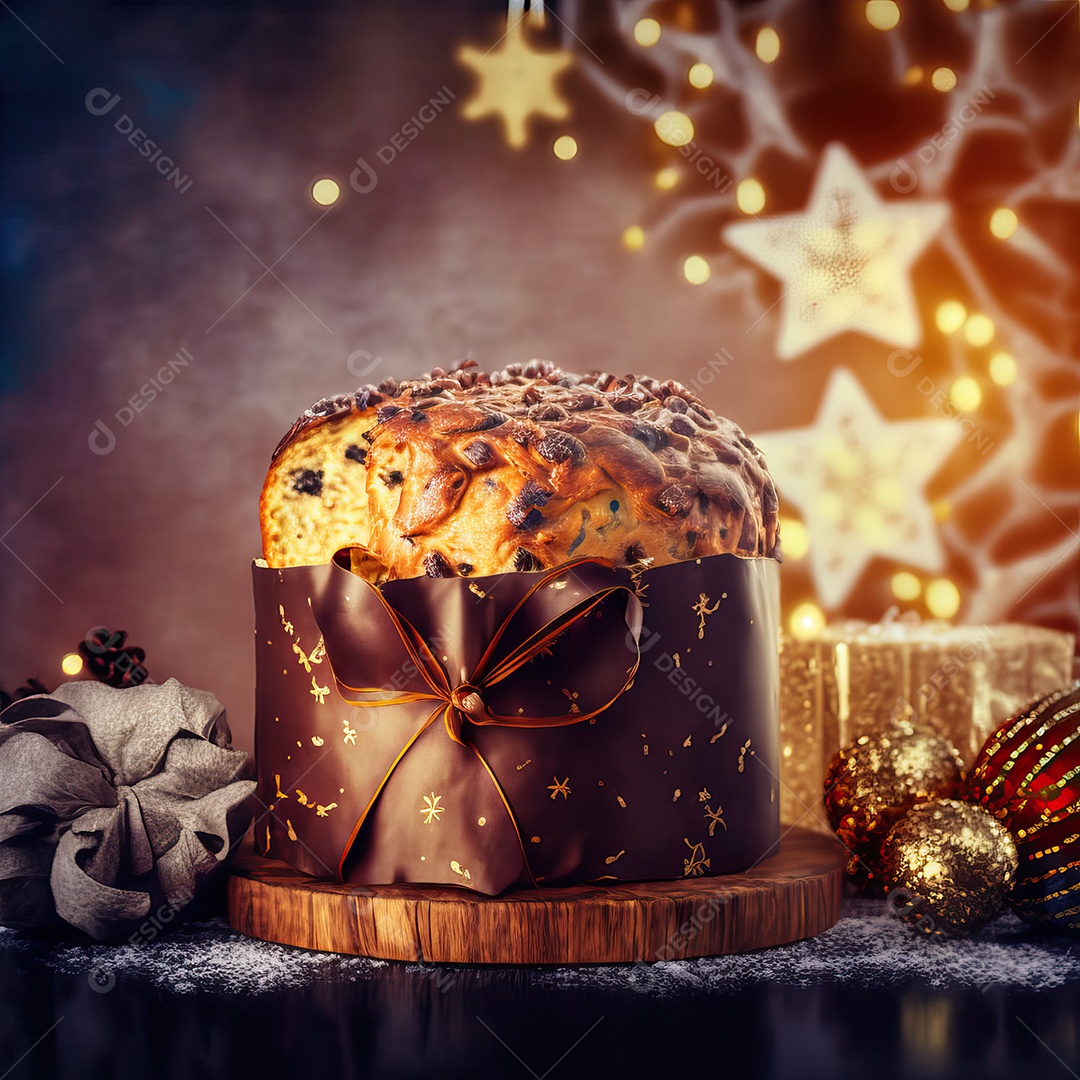 Delicioso chocolate chip chocottone, típico doce italiano Pandoro e luzes de Natal turvas ao fundo