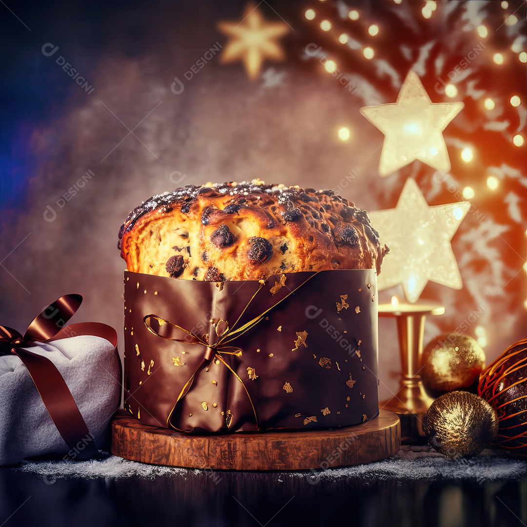 Delicioso chocolate chip chocottone, típico doce italiano Pandoro e luzes de Natal turvas ao fundo