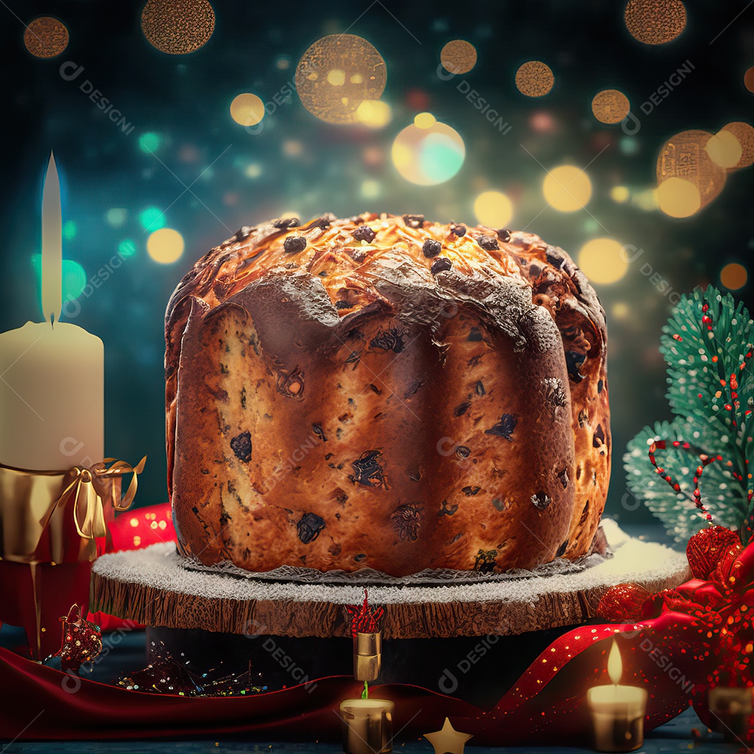 Delicioso chocolate chip chocottone, típico doce italiano Pandoro e luzes de Natal turvas ao fundo