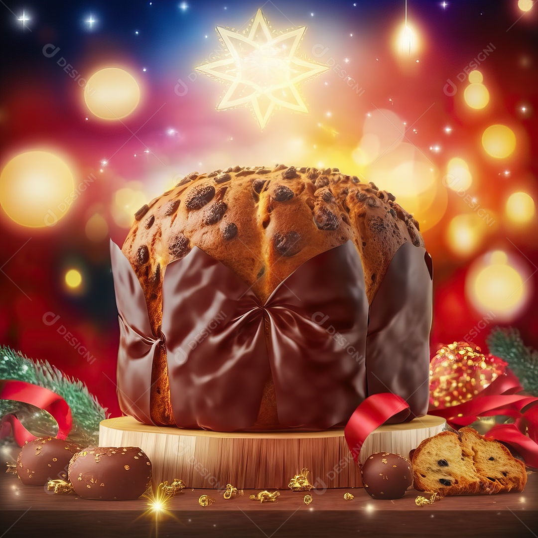 Delicioso chocolate chip chocottone, típico doce italiano Pandoro e luzes de Natal turvas ao fundo