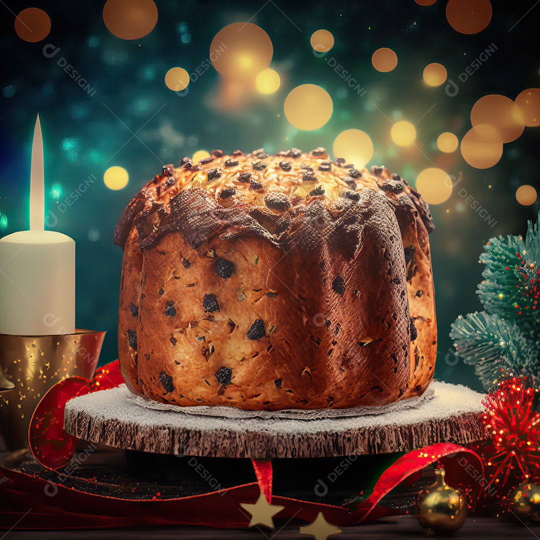 Delicioso chocolate chip chocottone, típico doce italiano Pandoro e luzes de Natal turvas ao fundo