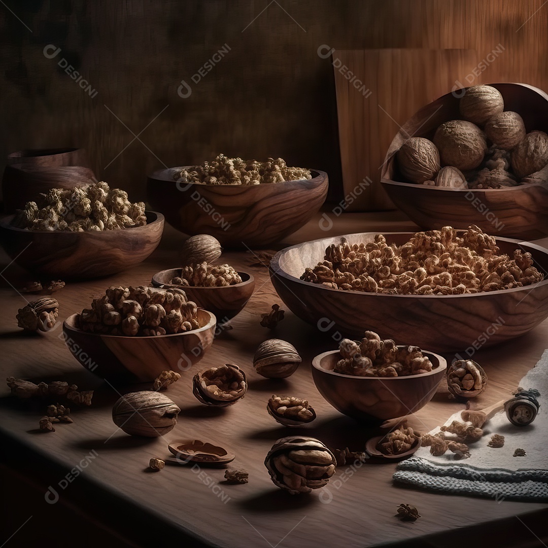 Grãos de nozes com casca na tigela na mesa para o jantar na noite de Natal.