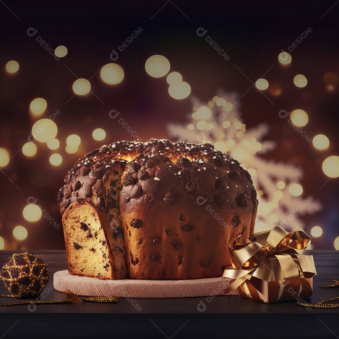 Delicioso chocolate chip chocottone, típico doce italiano Pandoro e luzes de Natal turvas ao fundo