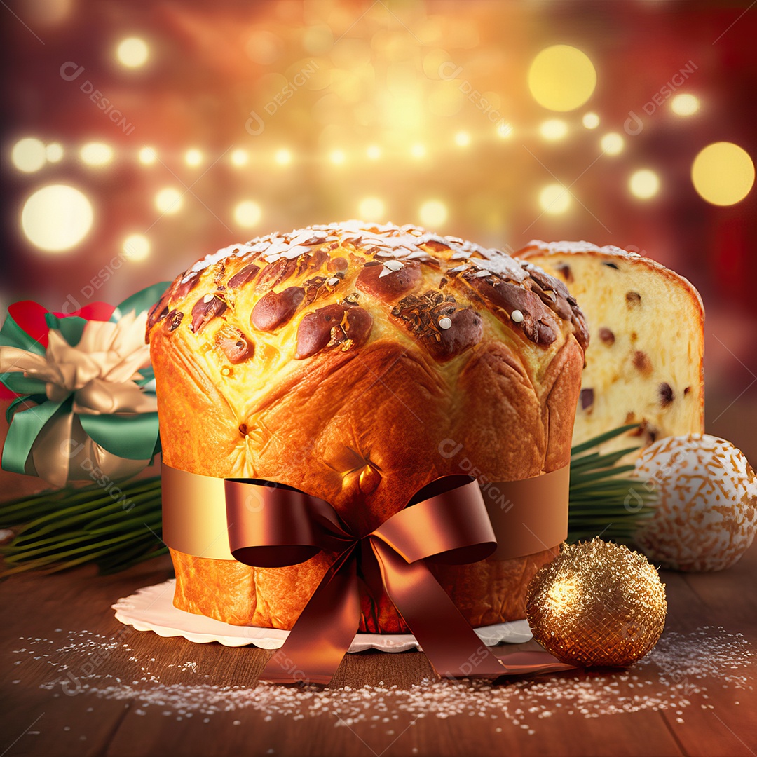 Delicioso chocolate chip chocottone, típico doce italiano Pandoro e luzes de Natal turvas ao fundo