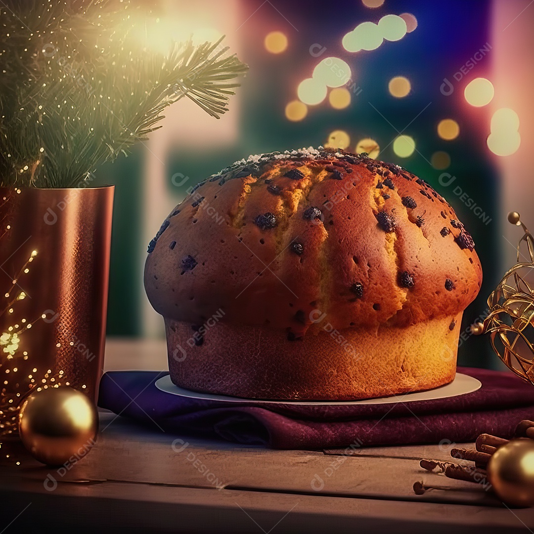 Delicioso chocolate chip chocottone, típico doce italiano Pandoro e luzes de Natal turvas ao fundo