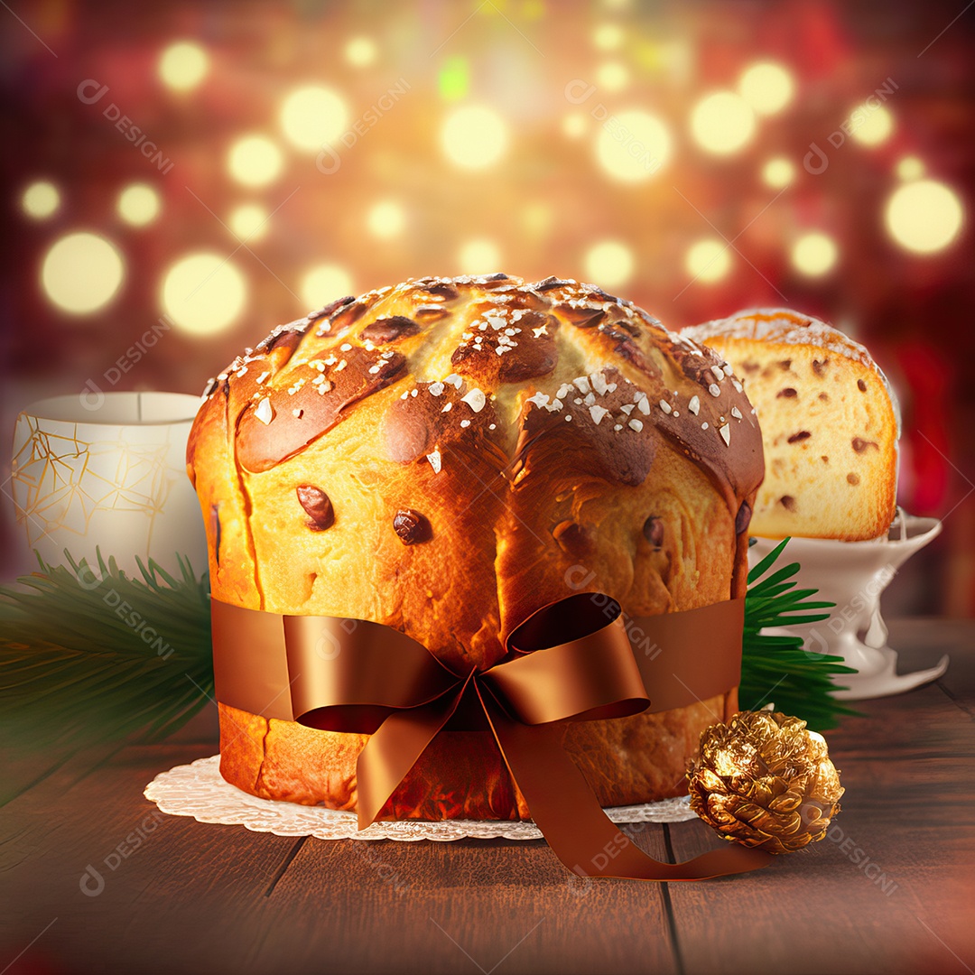 Delicioso panetone com frutas cristalizadas, típico doce italiano Pandoro com luzes de Natal desfocadas ao fundo