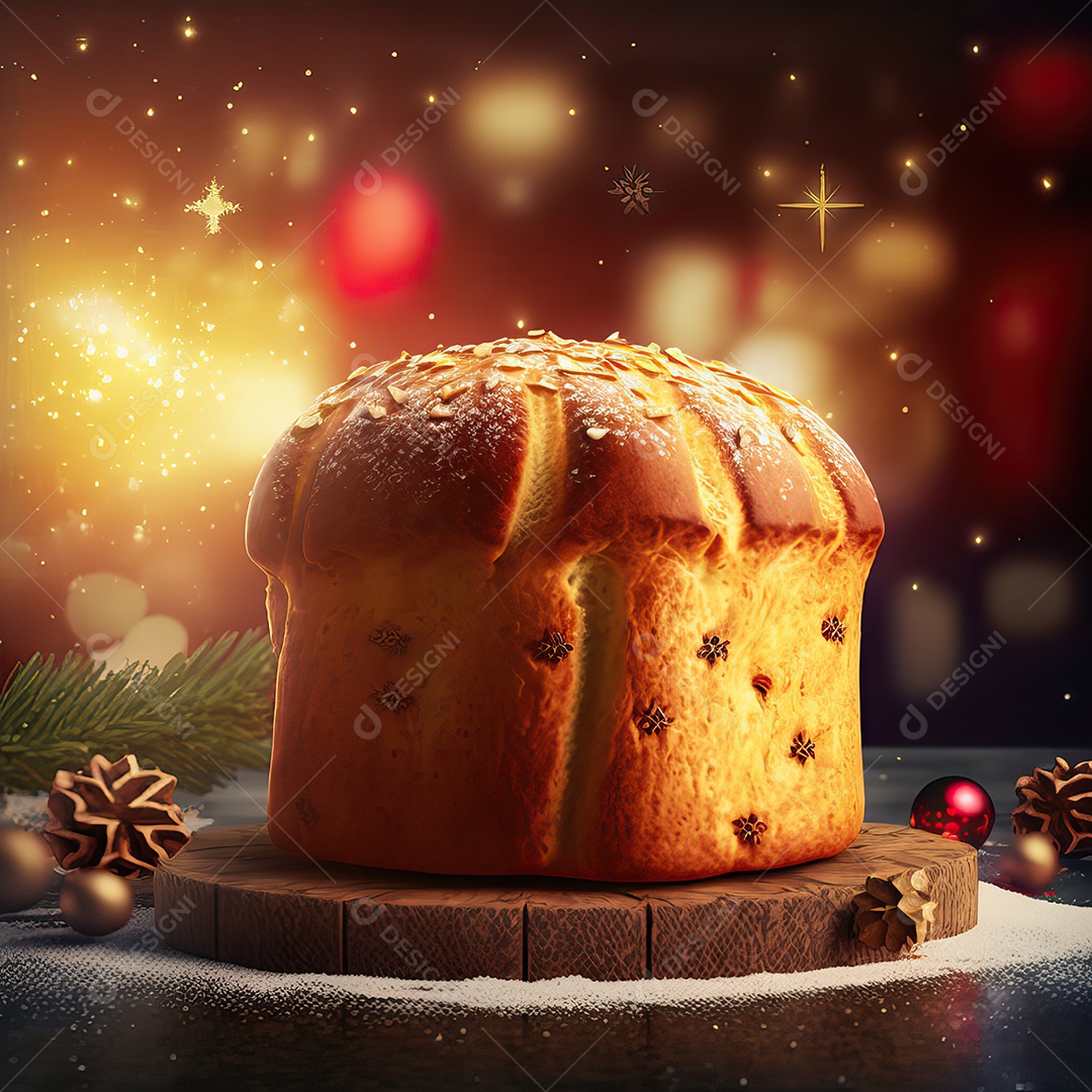 Delicioso panetone com frutas cristalizadas, típico doce italiano Pandoro com luzes de Natal desfocadas ao fundo