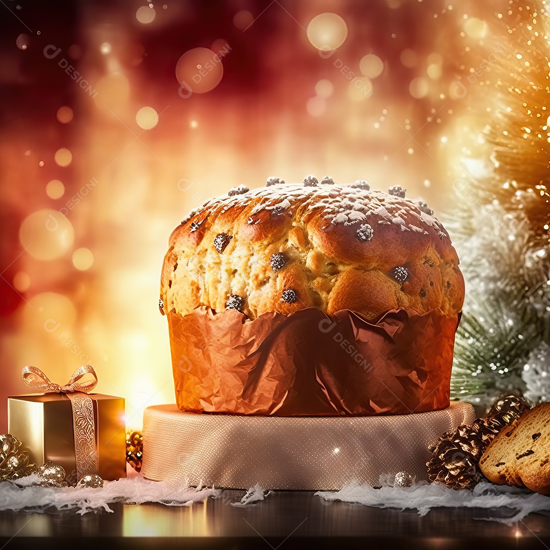 Delicioso chocolate chip chocottone, típico doce italiano Pandoro e luzes de Natal turvas ao fundo
