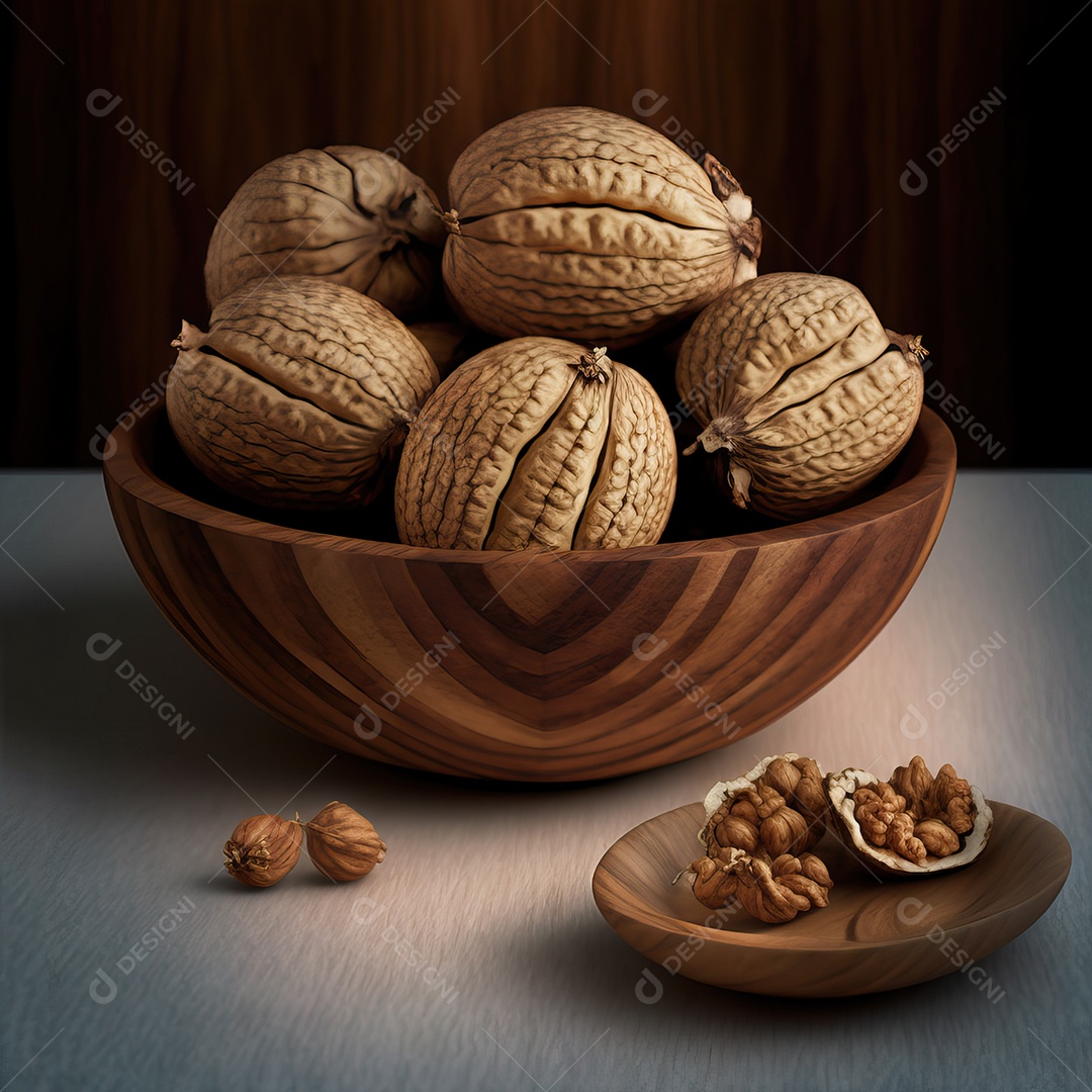 Grãos de nozes com casca na tigela na mesa para o jantar na noite de Natal.