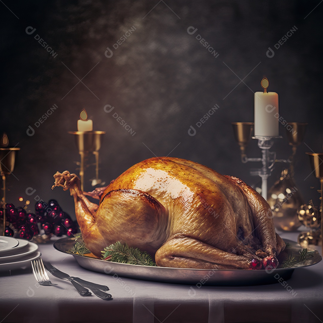 Peru assado suculento e saboroso no prato com decoração de Natal.