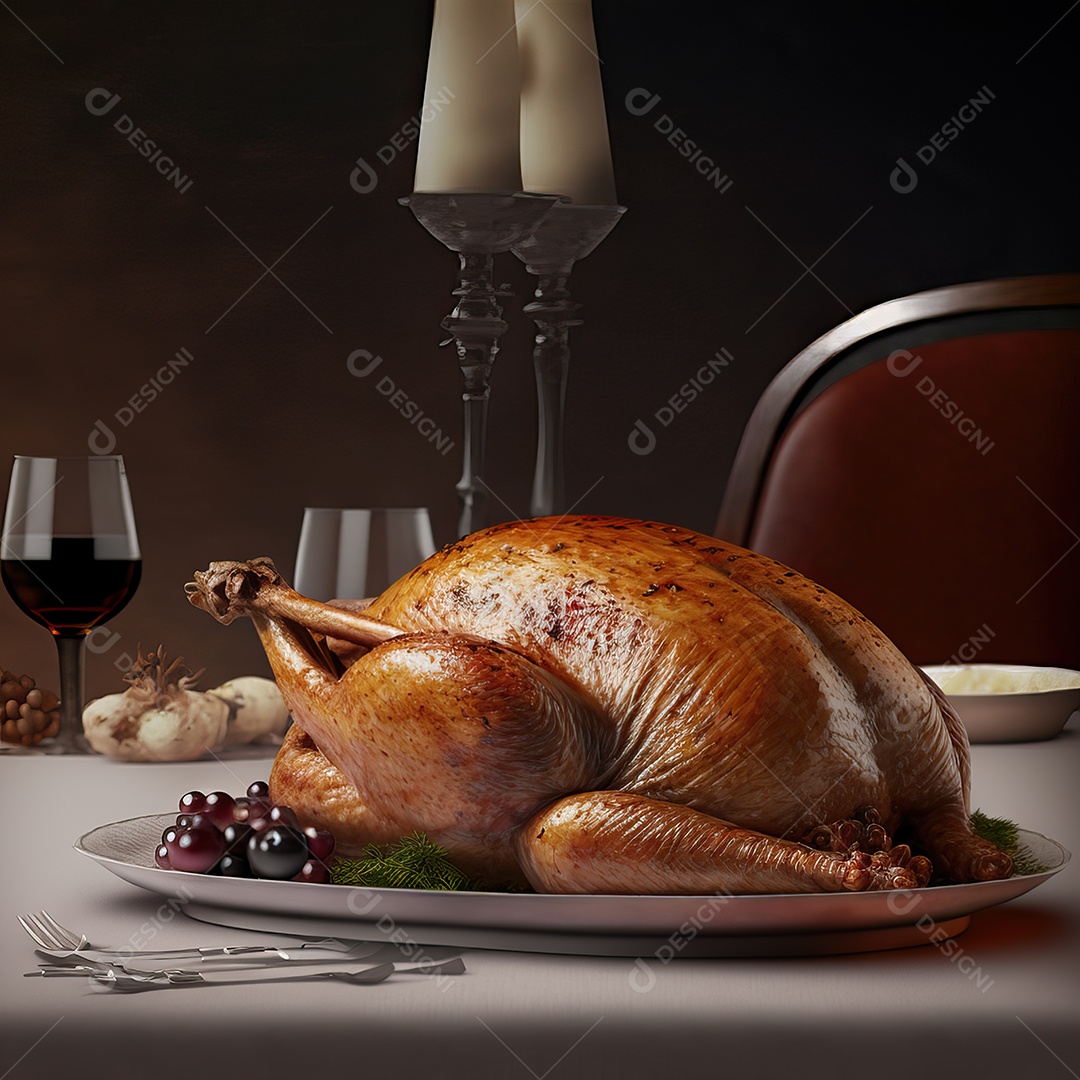 Peru assado suculento e saboroso no prato com decoração de Natal.