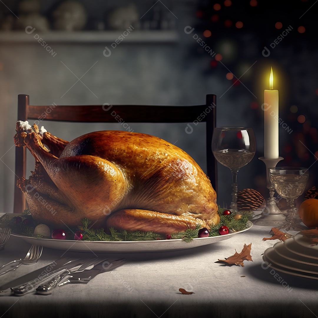 Peru assado suculento e saboroso no prato com decoração de Natal.