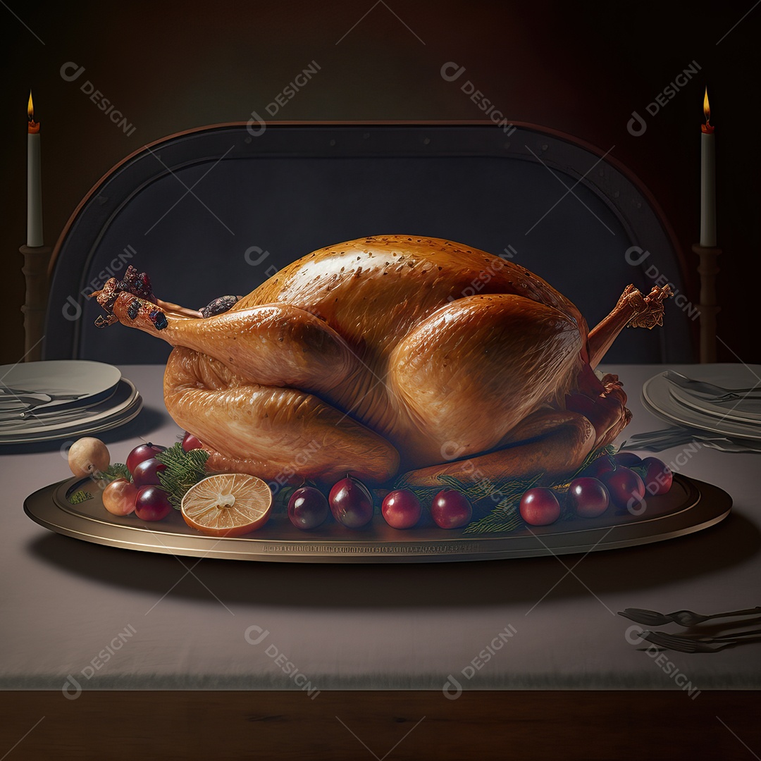 Peru assado suculento e saboroso no prato com decoração de Natal.