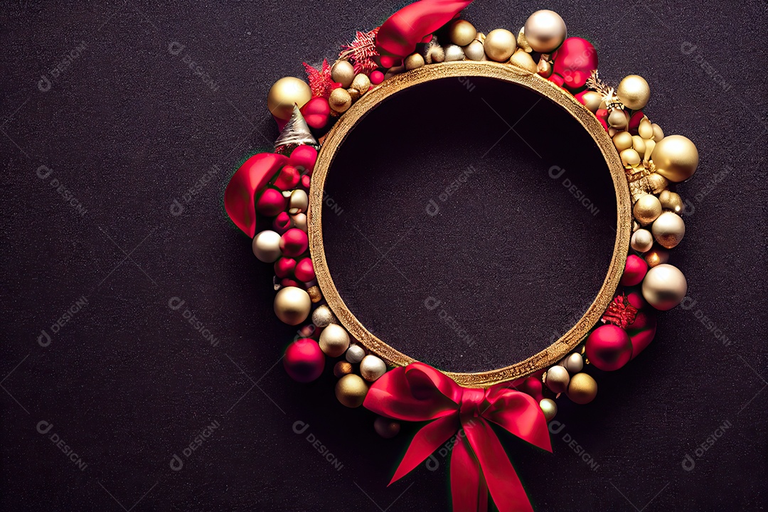 Composição de decorações de natal com vários enfeites, guirlanda de natal e bolas coloridas.