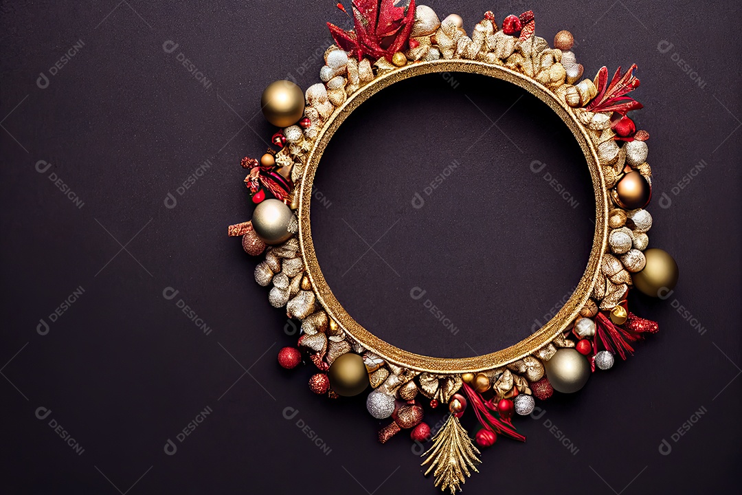 Composição de decorações de natal com vários enfeites, guirlanda de natal e bolas coloridas.