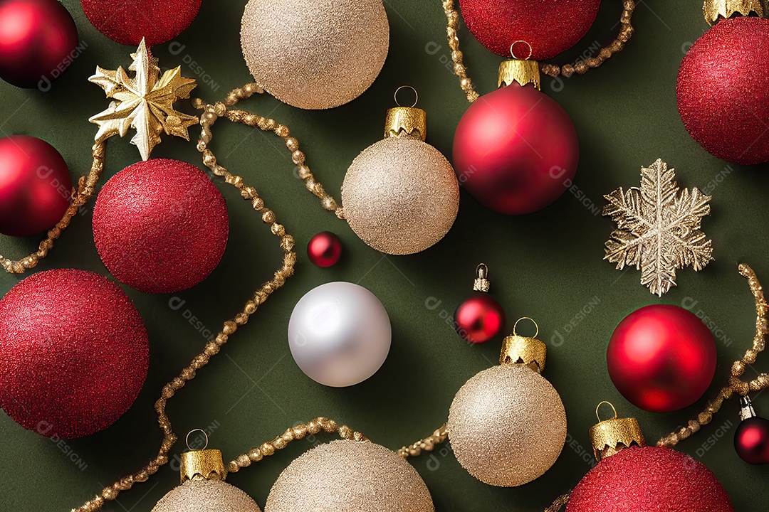 Árvore de Natal com enfeites de Natal e enfeites e bolas coloridas.