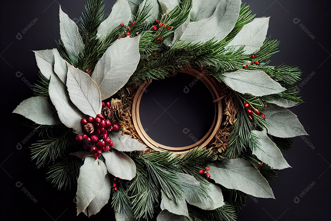 Composição de decorações de natal com vários enfeites, guirlanda de natal e bolas coloridas.