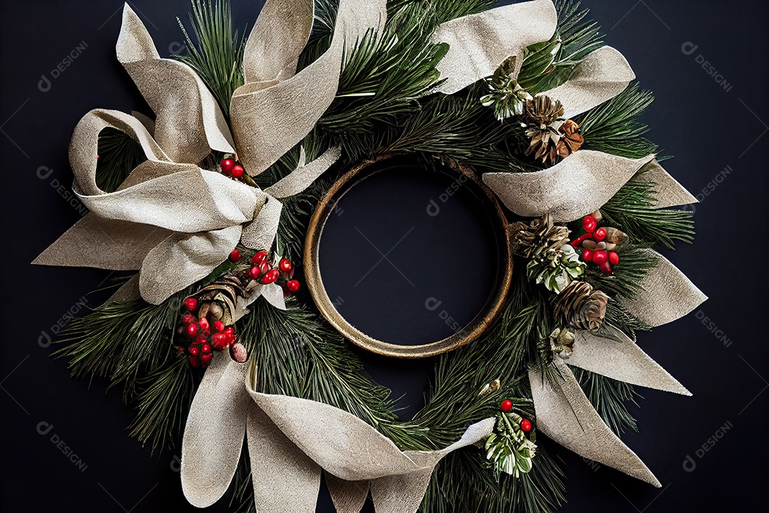 Composição de decorações de natal com vários enfeites, guirlanda de natal e bolas coloridas.