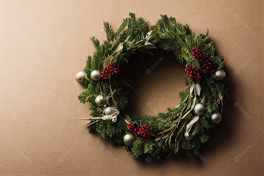 Composição de decorações de natal com vários enfeites, guirlanda de natal e bolas coloridas.