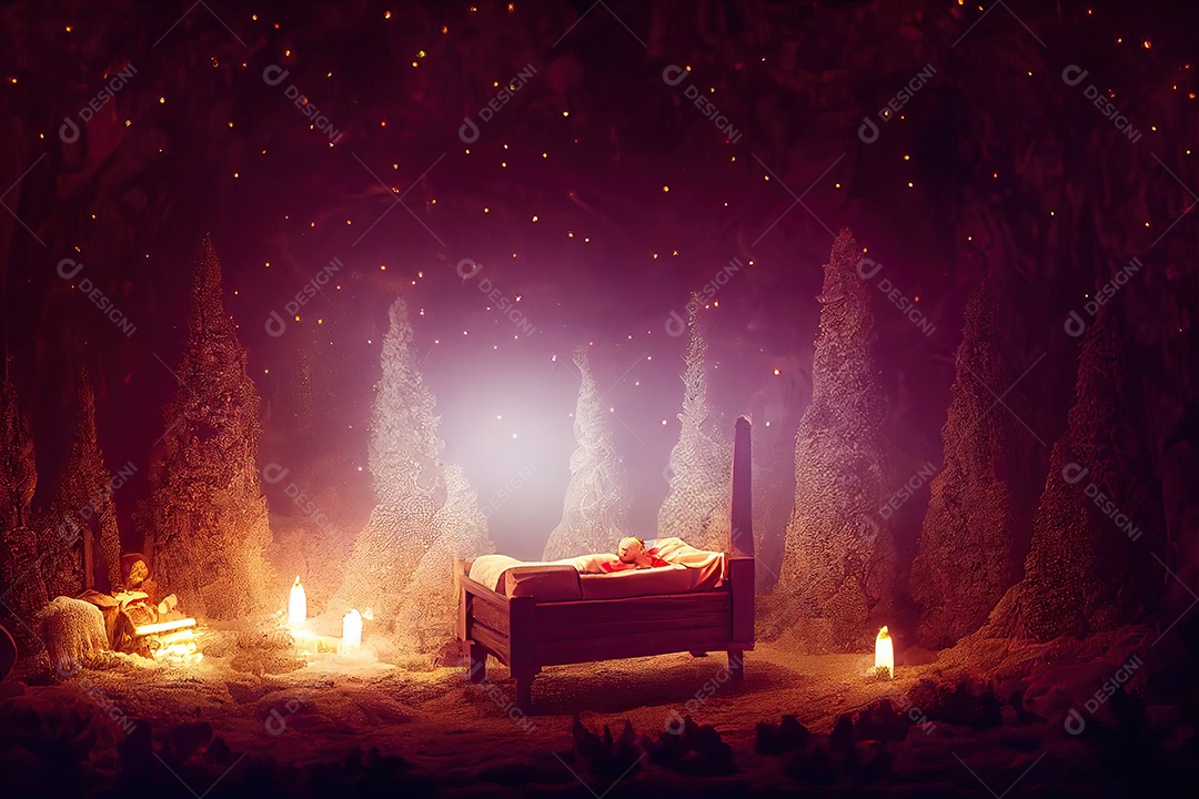 Presépio de Natal lindamente decorado para o Natal. Ilustração 3D.