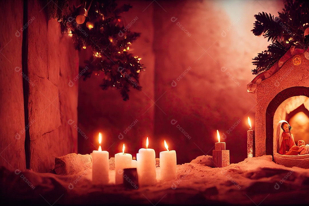 Presépio de Natal lindamente decorado para o Natal. Ilustração 3D.