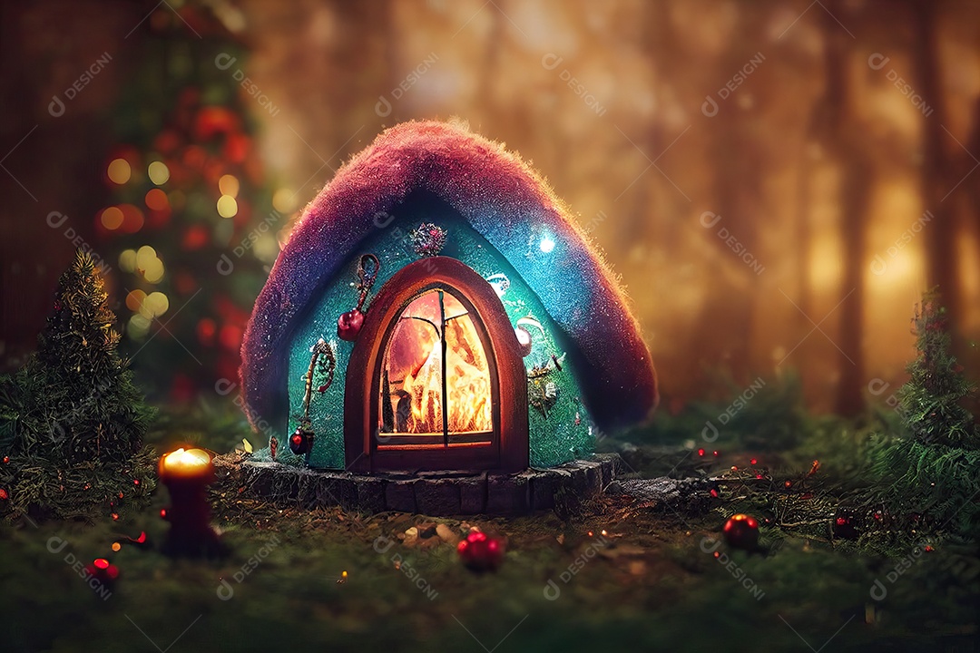 Bosque Encantado com a casa do Papai Noel lindamente decorada para o Natal. Ilustração 3D.