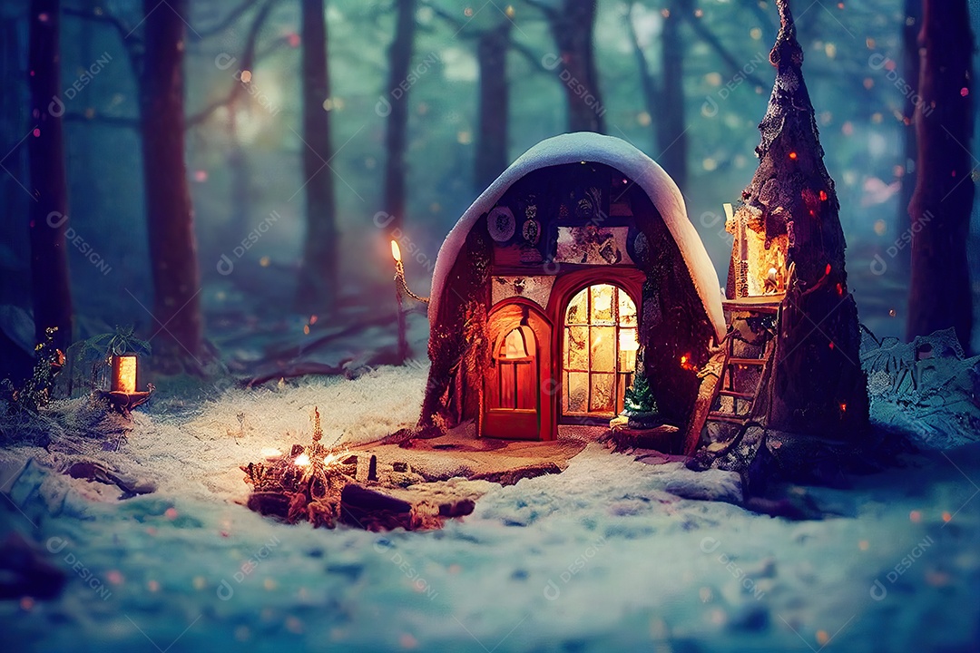 Bosque Encantado com a casa do Papai Noel lindamente decorada para o Natal. Ilustração 3D.