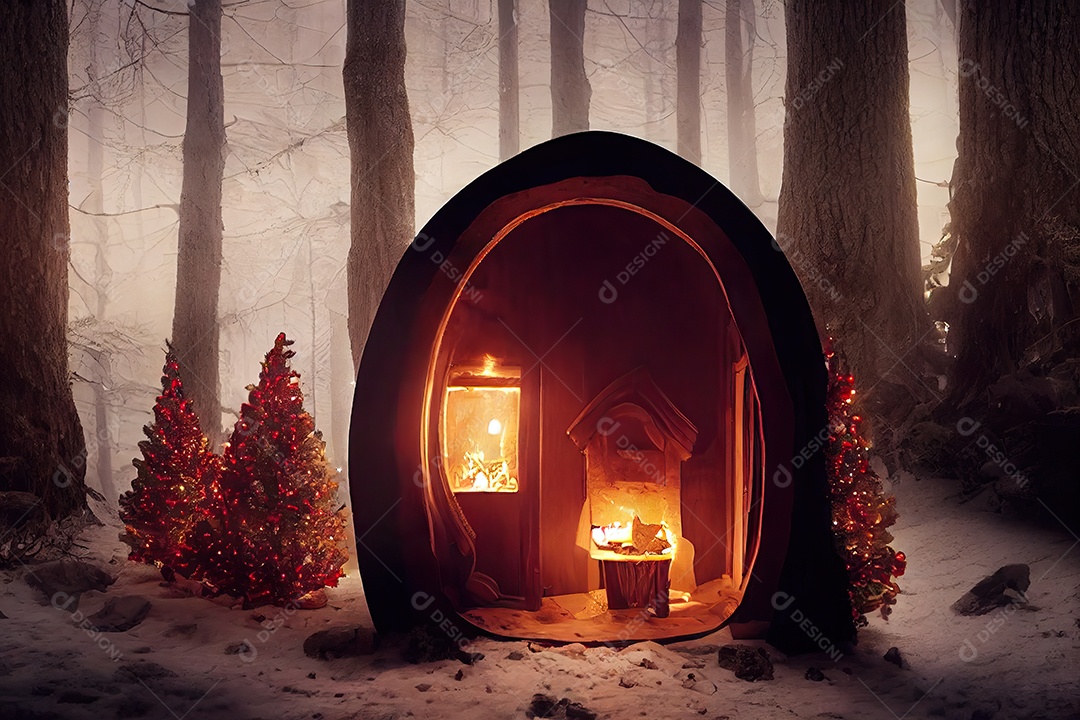 Bosque Encantado com a casa do Papai Noel lindamente decorada para o Natal. Ilustração 3D.