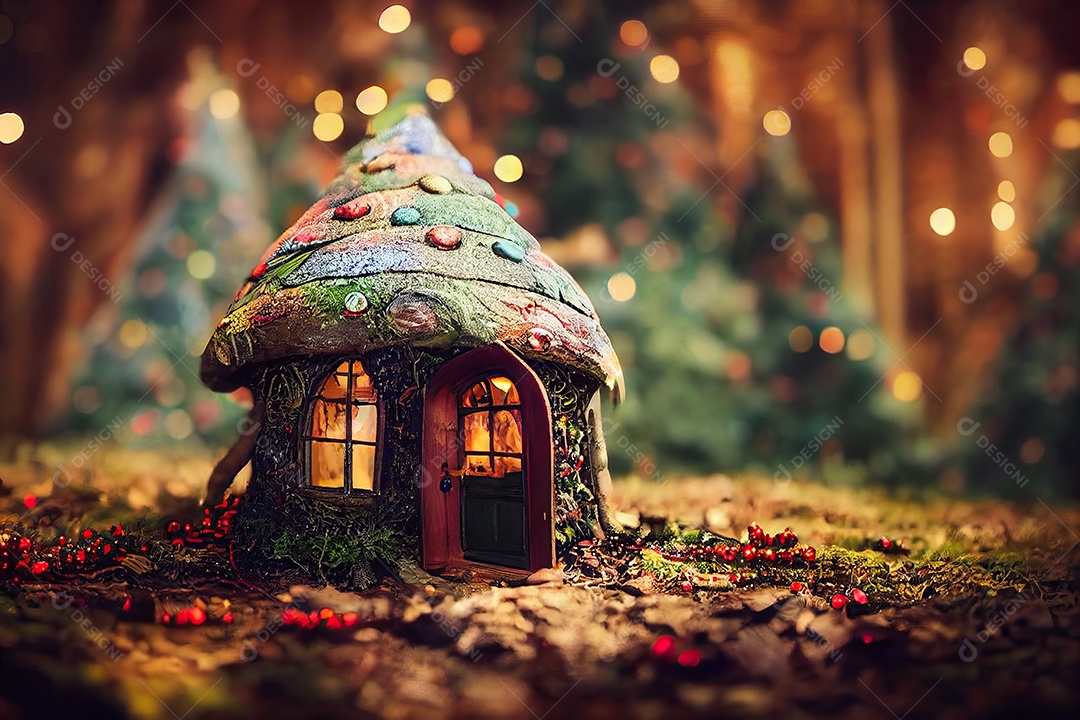 Bosque Encantado com a casa do Papai Noel lindamente decorada para o Natal. Ilustração 3D.