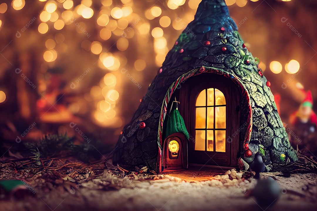 Bosque Encantado com a casa do Papai Noel lindamente decorada para o Natal. Ilustração 3D.