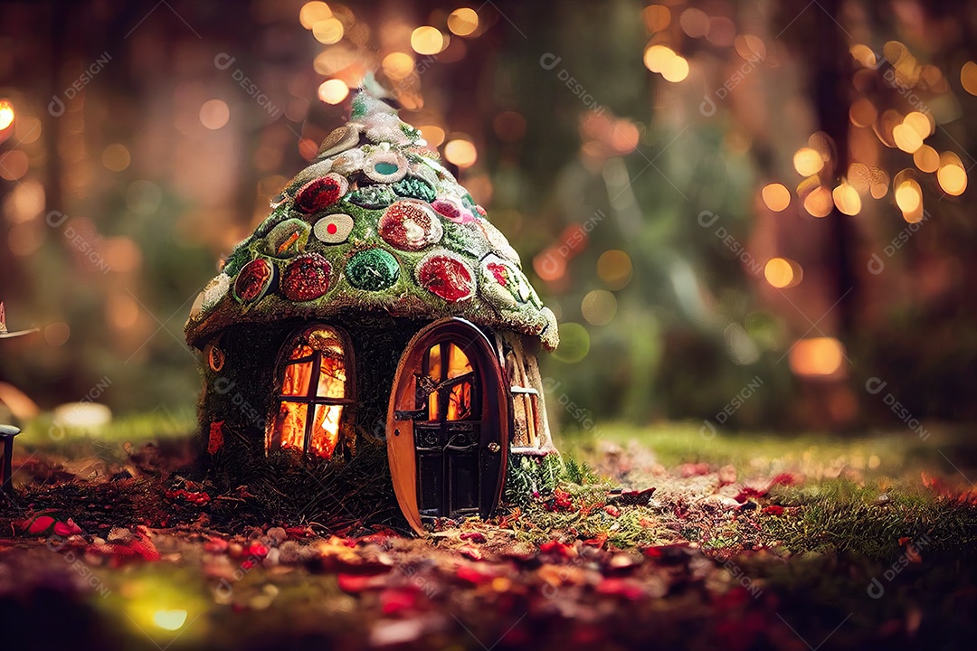 Bosque Encantado com a casa do Papai Noel lindamente decorada para o Natal. Ilustração 3D.