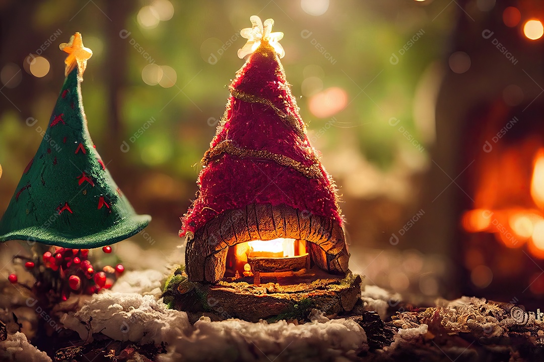 Bosque Encantado com a casa do Papai Noel lindamente decorada para o Natal. Ilustração 3D.