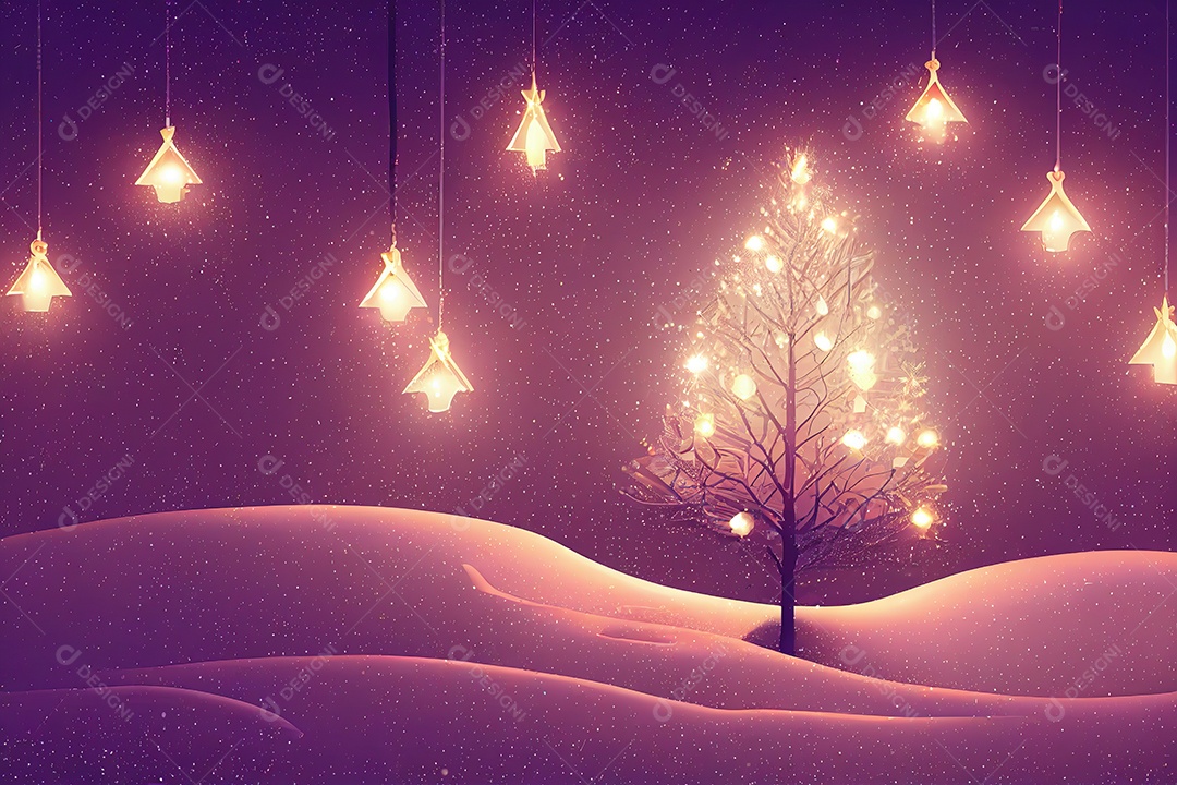 Paisagem de Natal e cenário com pinheiros e árvores lindamente decoradas para a noite de Natal. Ilustração 3D.