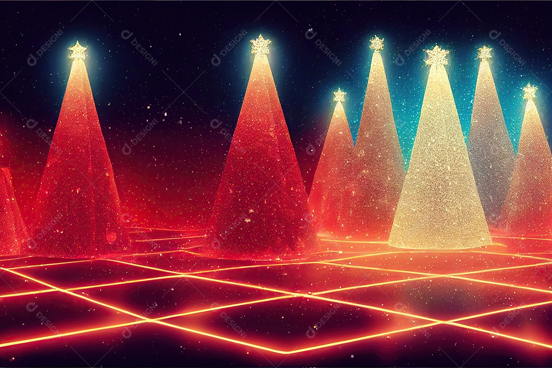 Paisagem de Natal e cenário com pinheiros e árvores lindamente decoradas para a noite de Natal. Ilustração 3D.