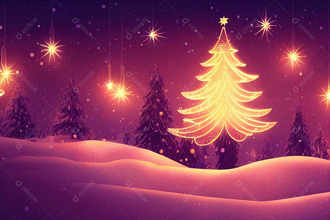 Paisagem de Natal e cenário com pinheiros e árvores lindamente decoradas para a noite de Natal. Ilustração 3D.