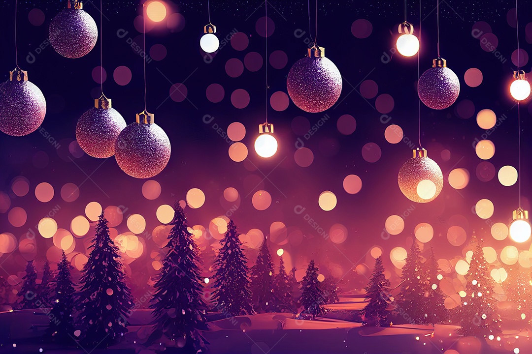 Paisagem de Natal e cenário com pinheiros e árvores lindamente decoradas para a noite de Natal. Ilustração 3D.