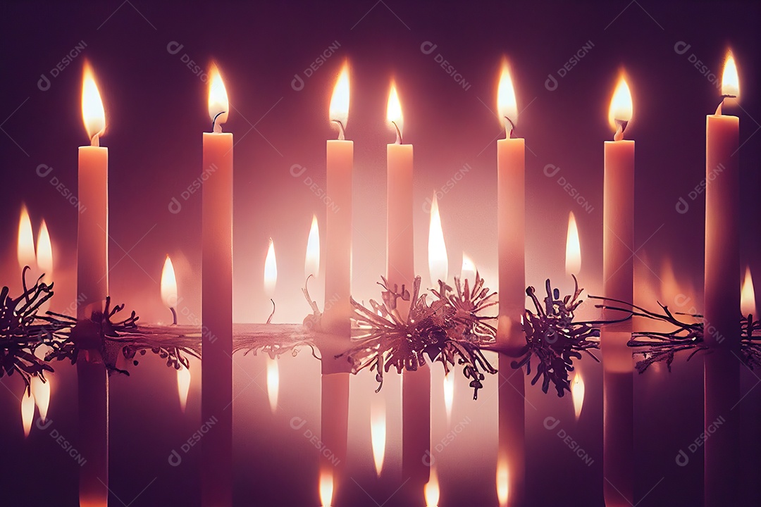 Velas acesas brancas e vermelhas na mesa com luzes de Natal. Tratamento de SPA e conceito de relaxamento. Foco seletivo.