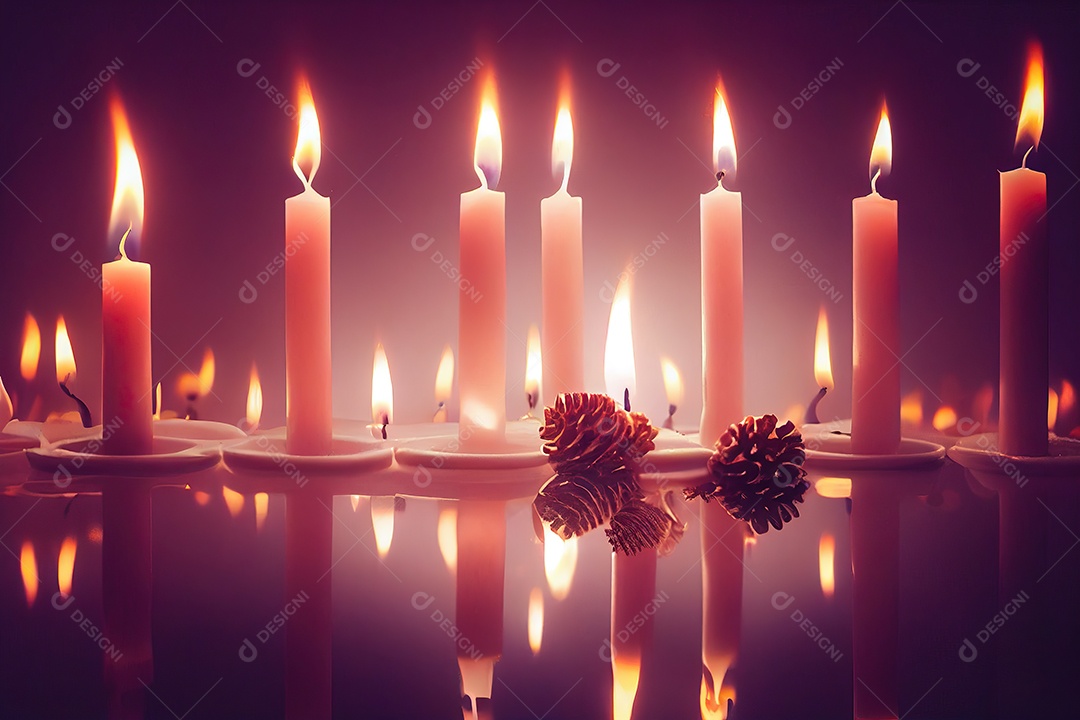Velas acesas brancas e vermelhas na mesa com luzes de Natal. Tratamento de SPA e conceito de relaxamento. Foco seletivo.